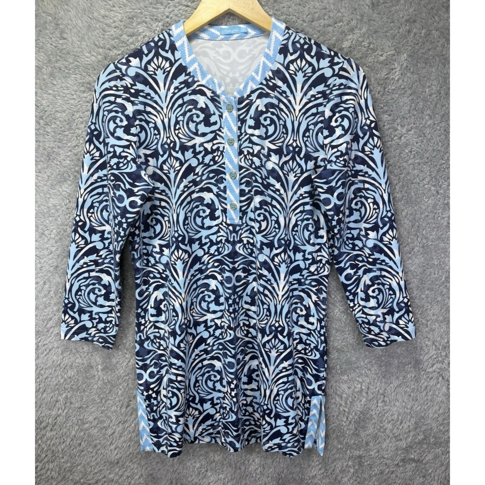 J McLaughlin Catalina Cloth Women S Blue Navy Print Tunic Top Stretch 3/4 Sleeve